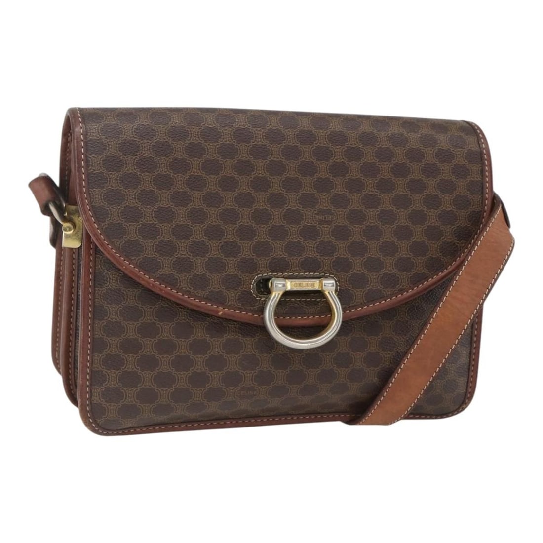 CELINE Macadam Canvas Shoulder Bag Brown Gold PVC Leather Italy: CELINE Macadam Canvas Shoulder Bag Brown Gold PVC Leather Italy Introducing a stylish CELINE Macadam Canvas Shoulder Bag crafted from durable PVC leather in a rich brown and gold color combination. Th