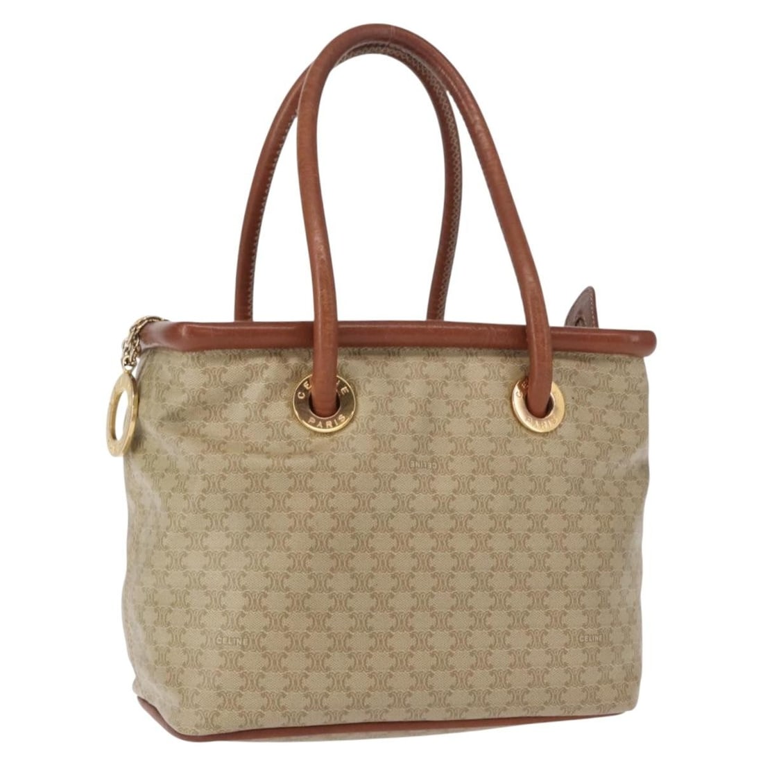 CELINE Beige Gold PVC Leather Macadam Circle Hand Bag Auth 153361: CELINE Beige Gold PVC Leather Macadam Circle Hand Bag Auth 153361 Elevate your accessory collection with this authentic CELINE Macadam Canvas Circle Hand Bag. Crafted in Italy, this stylish handbag fe