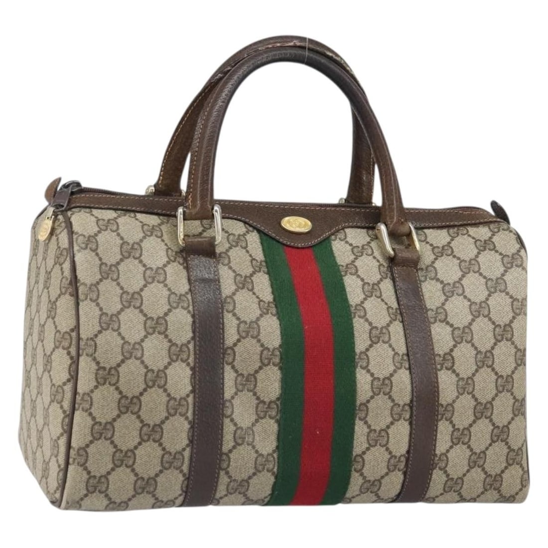 Beige GG Supreme Sherry Line 010 378 Handbag by Gucci in PVC: Beige GG Supreme Sherry Line 010 378 Handbag by Gucci in PVC This is a Gucci GG Supreme Web Sherry Line hand bag crafted in beige PVC leather and GG canvas. The bag features a top handle design with s
