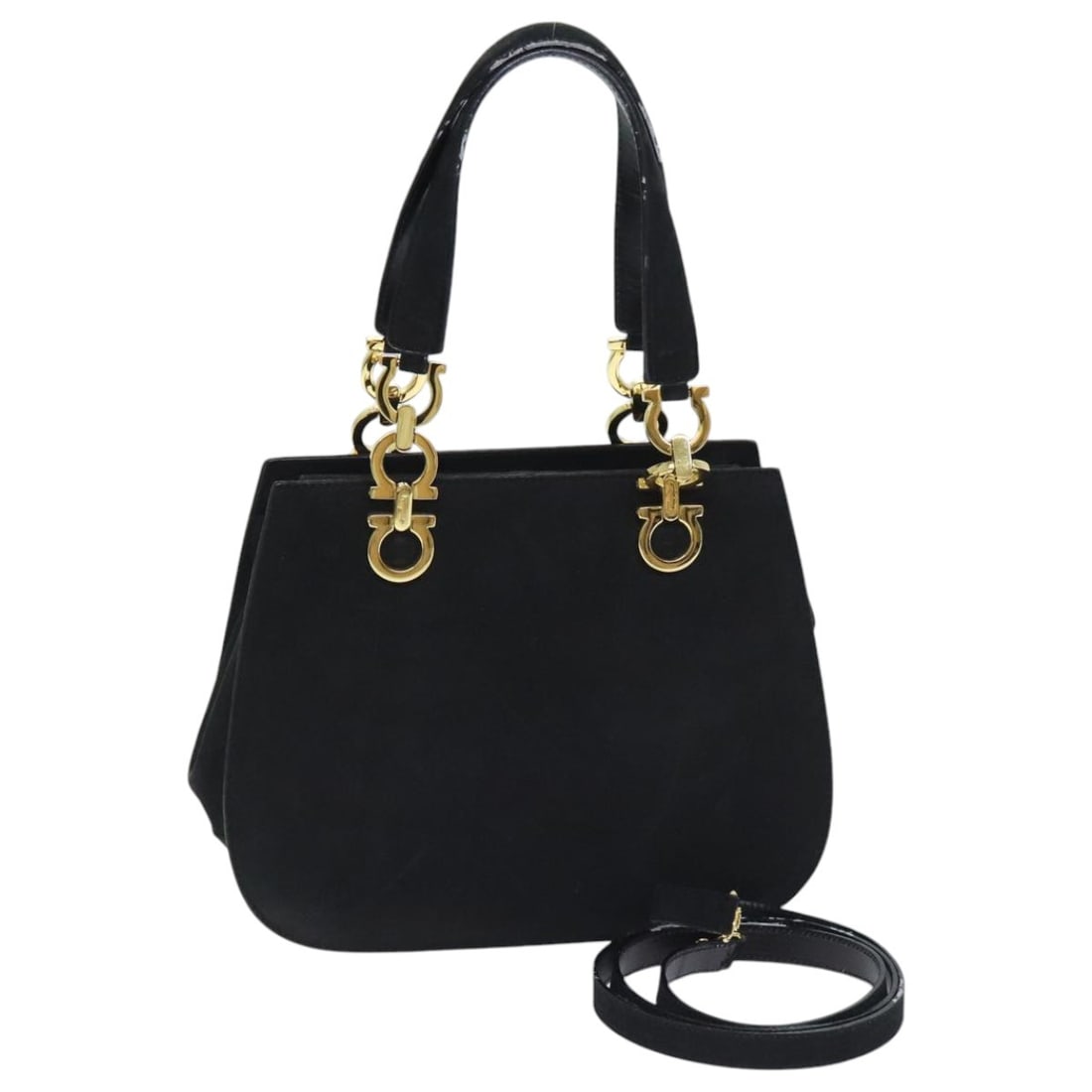 Salvatore Ferragamo Gancini Suede Hand Bag Black Gold Italy Auth (1 of 18)
