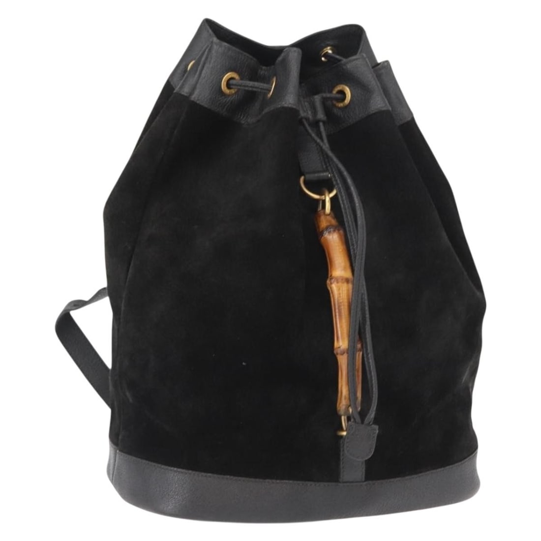 Black Suede Bamboo Backpack by Gucci with Gold Tone Accents and Serial 003 2855 0043 0: Black Suede Bamboo Backpack by Gucci with Gold Tone Accents and Serial 003 2855 0043 0 This Gucci Bamboo backpack features black suede with gold-tone accents and is crafted in Italy. The bag shows sig