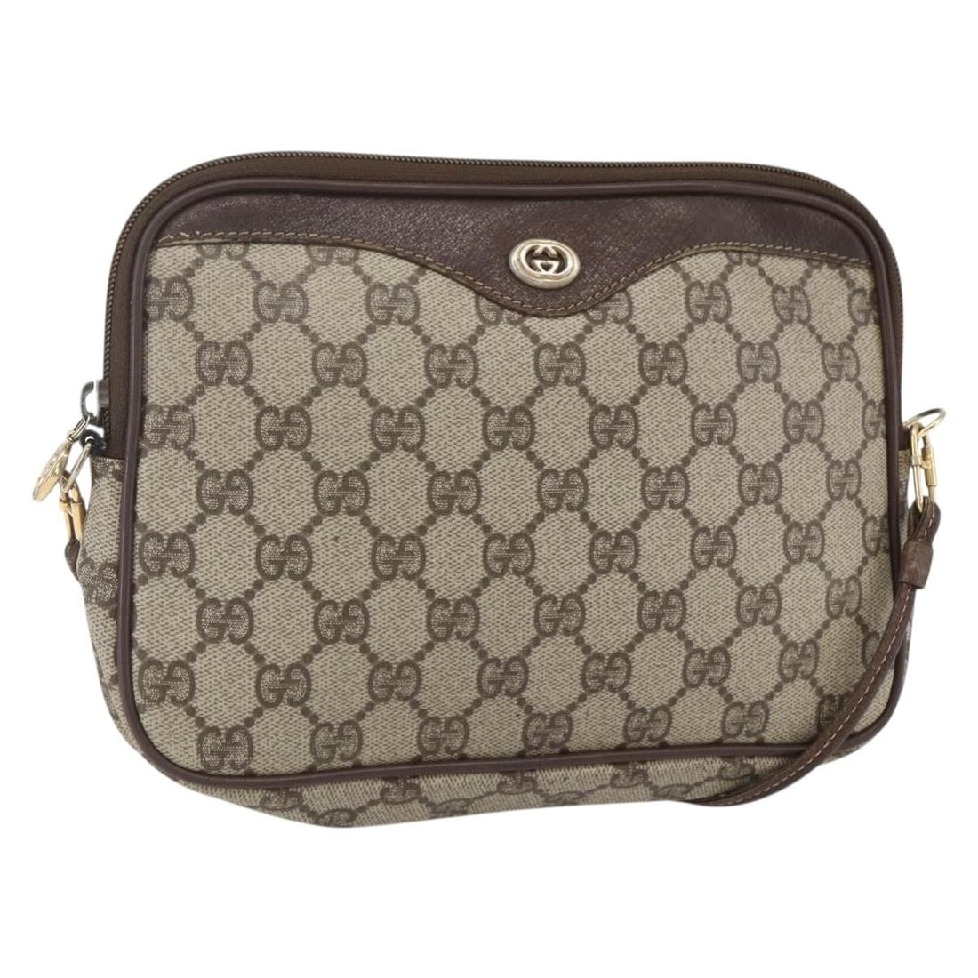 Beige GG Supreme Shoulder Bag by Gucci PVC Leather Serial 97 02 068: Beige GG Supreme Shoulder Bag by Gucci PVC Leather Serial 97 02 068 This Gucci GG Supreme shoulder bag features beige and gold PVC leather with GG canvas accents. Made in Italy, it offers a compact de