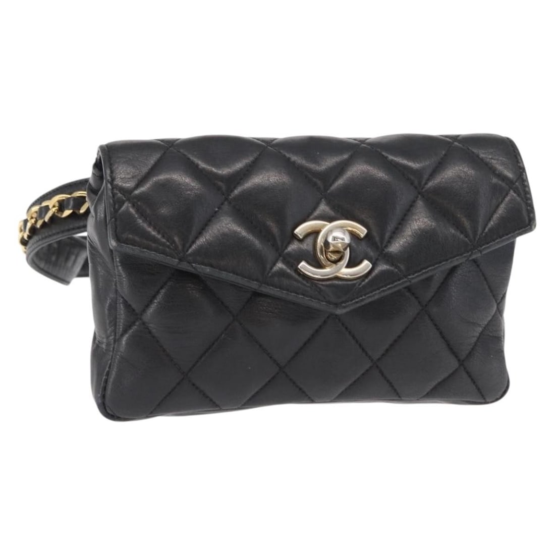 CHANEL Black Lambskin Matelasse Waist Bag with Gold CC Logo: CHANEL Black Lambskin Matelasse Waist Bag with Gold CC Logo This CHANEL Matelasse waist bag is crafted from black lambskin leather and features gold-tone details and the iconic CC logo. The bag is hea