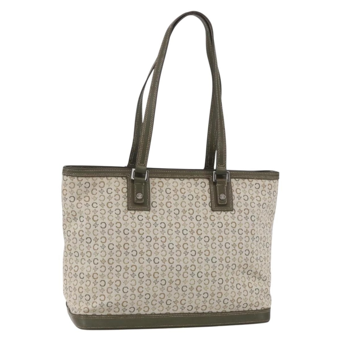 CELINE C Macadam Canvas Tote Bag Green Silver Italy Auth BA8391: CELINE C Macadam Canvas Tote Bag Green Silver Italy Auth BA8391 Introducing the CELINE C Macadam Canvas Tote Bag, a chic accessory crafted in Italy. This stylish tote features a unique green and silve