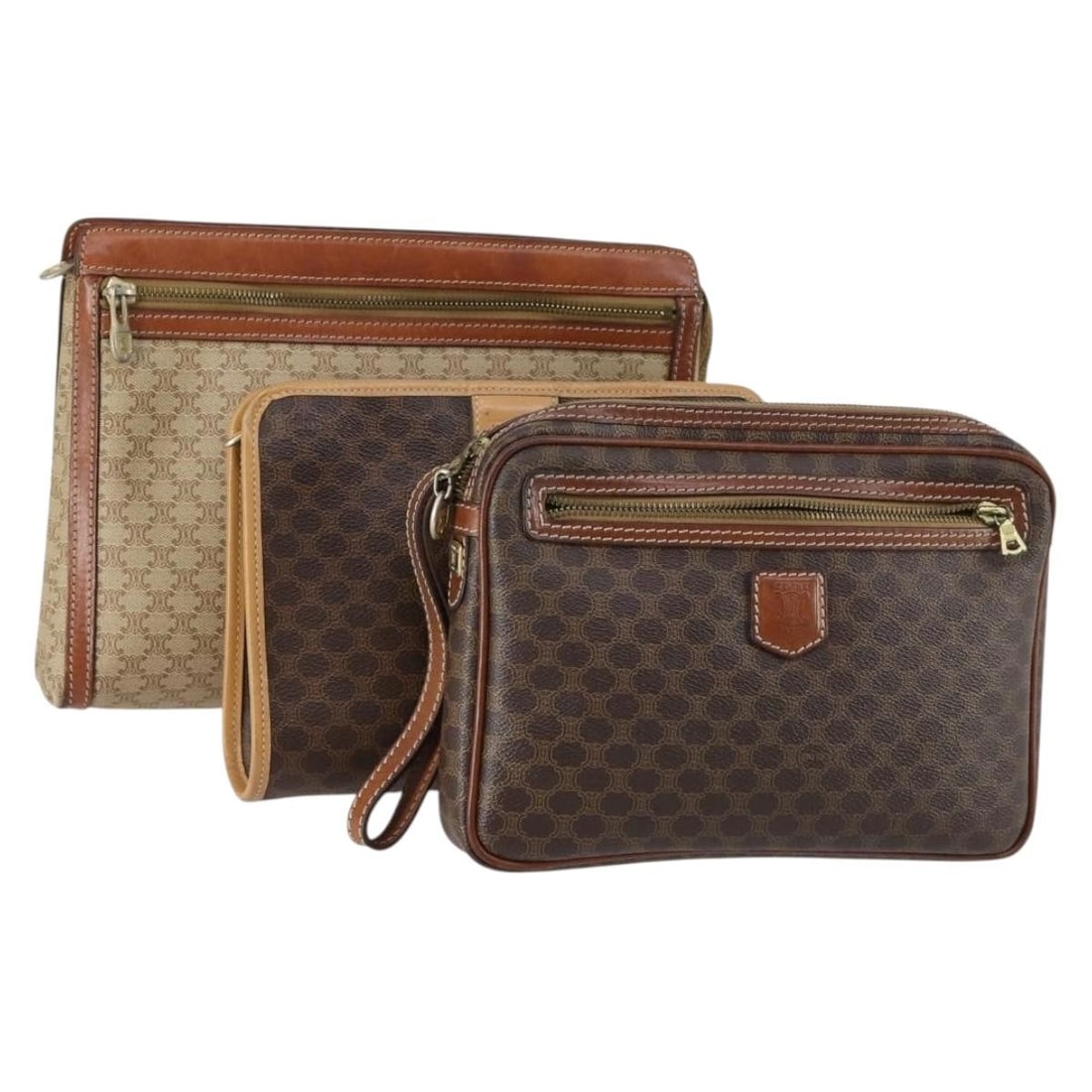 CELINE Macadam Canvas Clutch Bag PVC Leather 3 Piece Set Brown Beige Auth: CELINE Macadam Canvas Clutch Bag PVC Leather 3 Piece Set Brown Beige Auth This CELINE Macadam Canvas Clutch Bag combines stylish functionality with a sophisticated design. Crafted from durable PVC lea