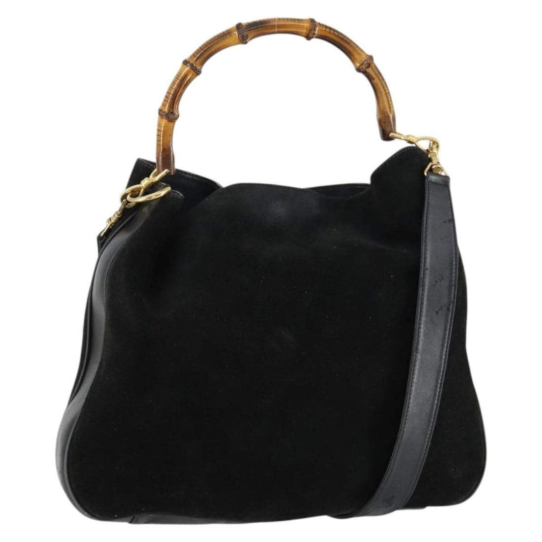Gucci Black Suede Bamboo 2way Shoulder Bag with Gold Accents 001 2404 1577: Gucci Black Suede Bamboo 2way Shoulder Bag with Gold Accents 001 2404 1577 This GUCCI Bamboo Shoulder Bag is crafted from black suede with gold-tone accents. Designed for versatile use, it features bo