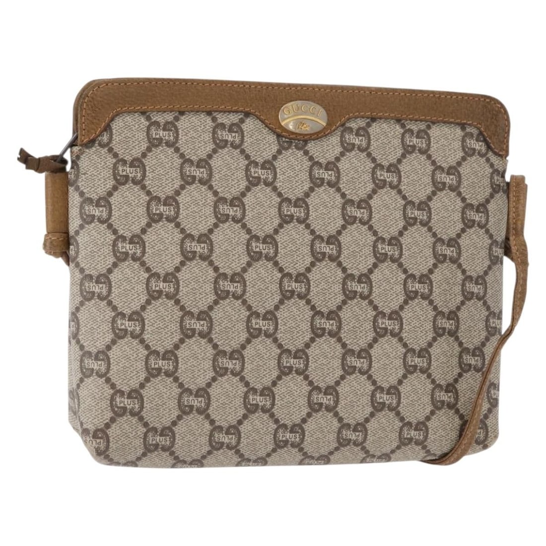 GUCCI GG Plus Supreme Beige Gold Shoulder Bag PVC Leather Authentic: GUCCI GG Plus Supreme Beige Gold Shoulder Bag PVC Leather Authentic This GUCCI GG Plus Supreme Shoulder Bag is a sophisticated accessory crafted from PVC leather, featuring a chic beige and gold color