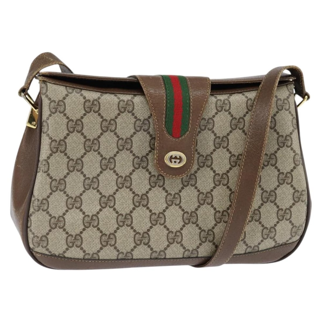 GUCCI GG Supreme Sherry Line Beige Gold Shoulder Bag PVC Auth 116 02 076: GUCCI GG Supreme Sherry Line Beige Gold Shoulder Bag PVC Auth 116 02 076 This luxurious GUCCI GG Supreme Web Sherry Line Bag is crafted from high-quality PVC leather in an elegant beige and gold color