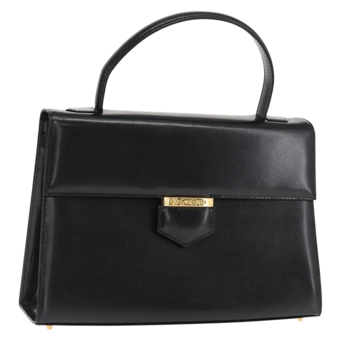 Black Leather SAINT LAURENT Handbag with Gold Accents and Dust Bag: Black Leather SAINT LAURENT Handbag with Gold Accents and Dust Bag This SAINT LAURENT handbag features a black leather exterior with gold-tone accents. It offers a structured silhouette with a top han