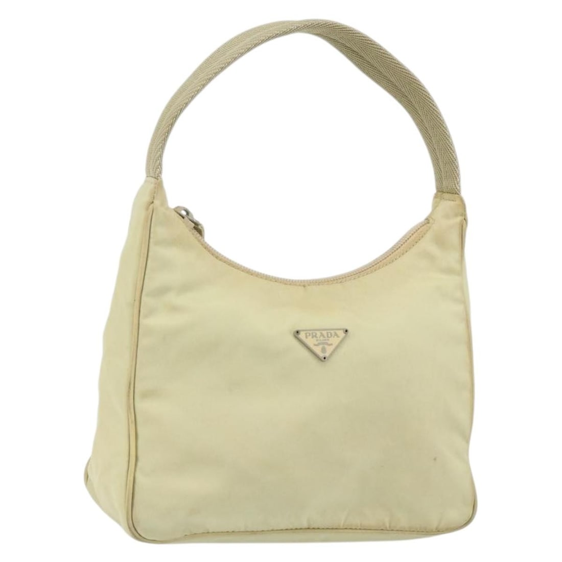 PRADA Beige Gold Nylon Hand Bag Made in Italy: PRADA Beige Gold Nylon Hand Bag Made in Italy This elegant PRADA hand bag, crafted from high-quality nylon, features a stylish beige and gold exterior that adds a touch of sophistication to any outfit