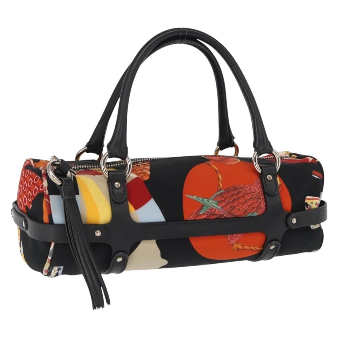 Black Gancini Animal Motif Nylon and Leather Handbag by Salvatore Ferragamo: Black Gancini Animal Motif Nylon and Leather Handbag by Salvatore Ferragamo This Salvatore Ferragamo Gancini handbag features an animal pattern design crafted from black nylon with leather trim and si