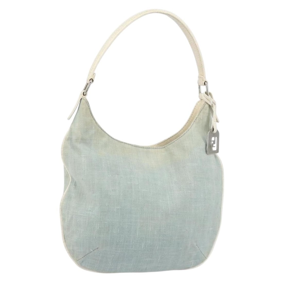 Light Blue Canvas Fendi Shoulder Bag Silver Accents Made in Italy: Light Blue Canvas Fendi Shoulder Bag Silver Accents Made in Italy This FENDI shoulder bag features a light blue and silver canvas exterior. Crafted in Italy, the bag includes a single shoulder strap a