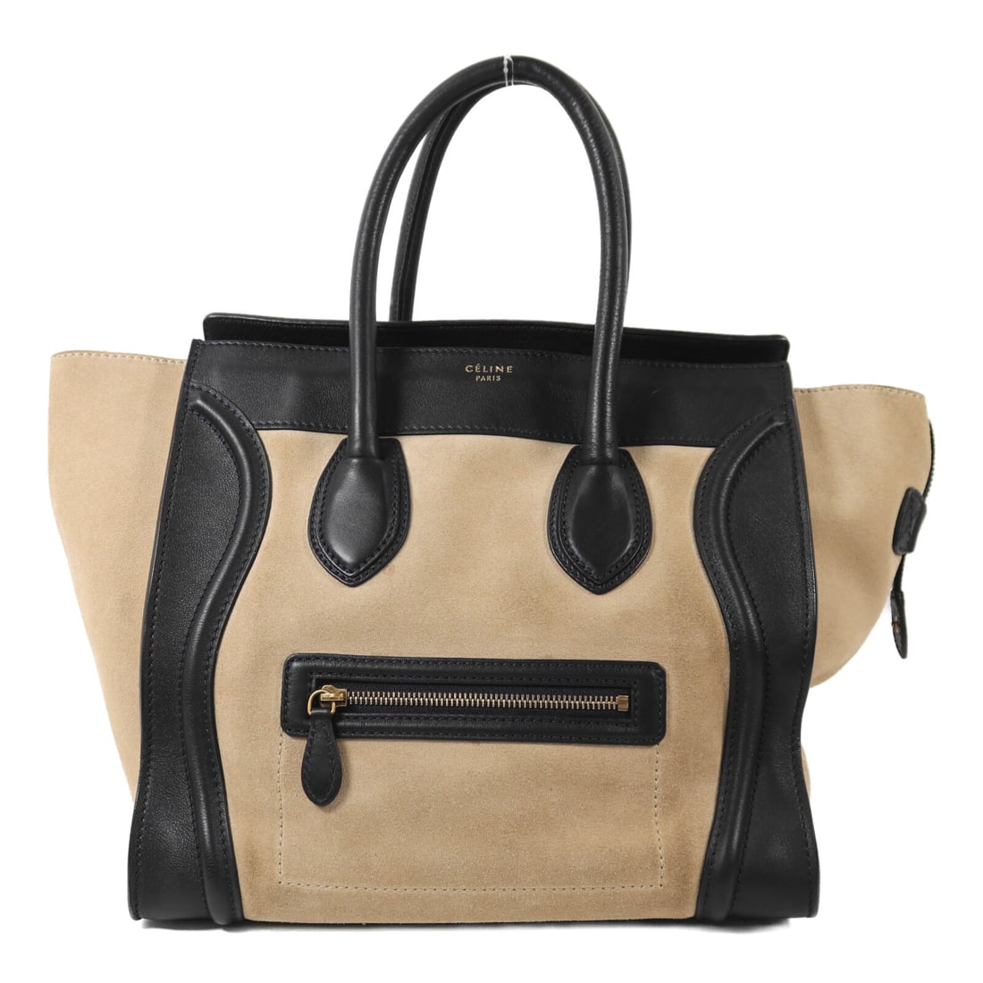 CELINE Micro Luggage Tote Bag Calfskin Suede Blue Beige Gold Hardware: CELINE Micro Luggage Tote Bag Calfskin Suede Blue Beige Gold Hardware This is a CELINE Micro Luggage Tote featuring calfskin leather and suede in dark blue and beige. The tote is heavily used and was