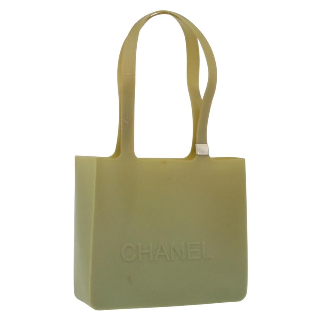 Khaki Rubber Tote from CHANEL with CC Logo: Khaki Rubber Tote from CHANEL with CC Logo This CHANEL tote bag is crafted from durable khaki rubber, featuring the signature CC logo. Designed for everyday use, it offers a spacious main compartment