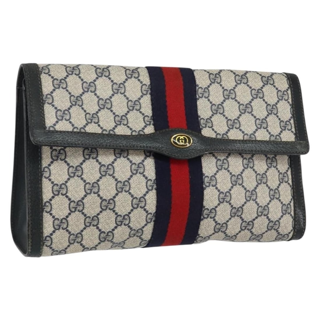 GUCCI GG Supreme Clutch Bag PVC Navy Red 84 01 007 Auth: GUCCI GG Supreme Clutch Bag PVC Navy Red 84 01 007 Auth Discover the elegance of this authentic GUCCI GG Supreme Sherry Line Clutch Bag, crafted in Italy. Made from durable PVC leather, this stylish c