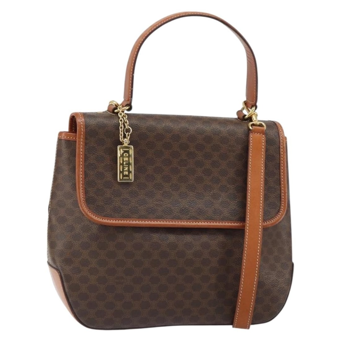 Celine Macadam Brown PVC Leather 2way Handbag with Shoulder Strap: Celine Macadam Brown PVC Leather 2way Handbag with Shoulder Strap This CELINE Macadam hand bag features brown and gold PVC leather with Macadam canvas accents. Designed with both handles and a detacha