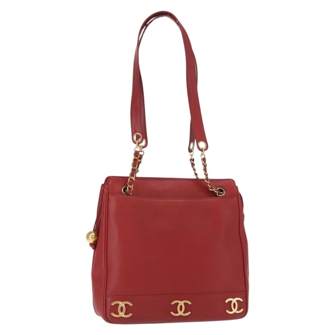 CHANEL Red Gold Caviar Skin Tote Bag Auth BA8976: CHANEL Red Gold Caviar Skin Tote Bag Auth BA8976 This exquisite CHANEL Tote Bag, crafted from luxurious grained calfskin, showcases a striking red and gold color combination that adds a touch of elega