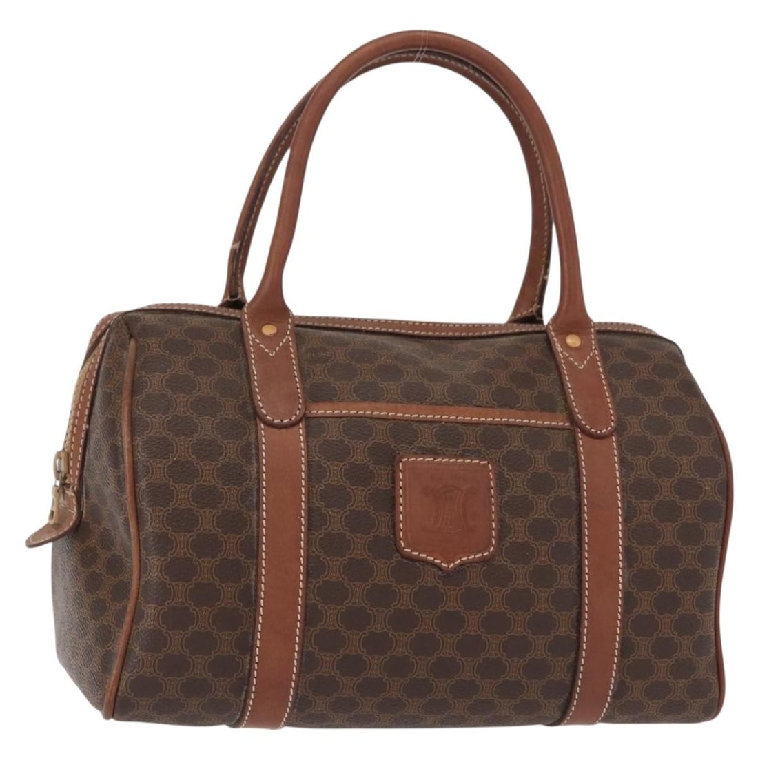 CELINE Macadam Canvas Boston Bag PVC Brown Gold Auth Italy: CELINE Macadam Canvas Boston Bag PVC Brown Gold Auth Italy This authentic CELINE Boston Bag showcases a classic design crafted from durable PVC leather and Macadam canvas in a sophisticated brown and