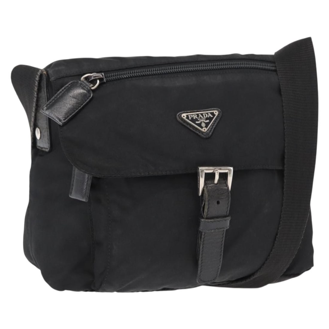 Prada Nylon Black Shoulder Bag with Silver Tone Hardware and Guarantee Card: Prada Nylon Black Shoulder Bag with Silver Tone Hardware and Guarantee Card This PRADA shoulder bag features a black nylon exterior with silver-tone accents. Designed with practicality in mind, it off