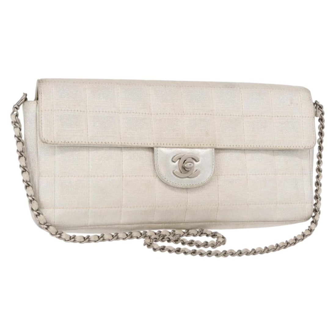 CHANEL Choco Bar Silver Canvas Shoulder Bag Auth France: CHANEL Choco Bar Silver Canvas Shoulder Bag Auth France This CHANEL Choco Bar New Travel Line Chain Bag is a stylish shoulder bag crafted from durable canvas in a sleek silver color. Designed for vers