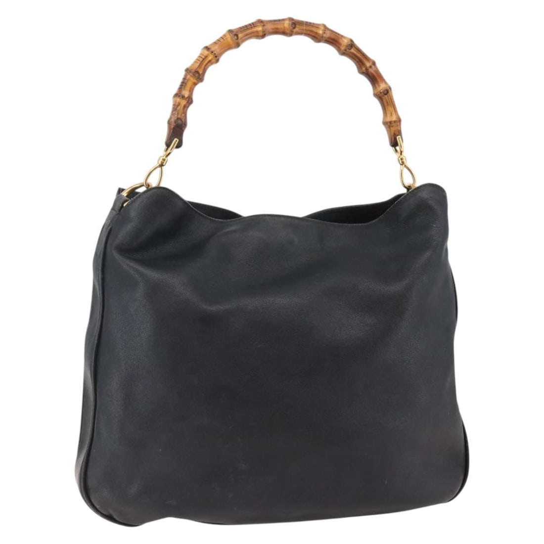 GUCCI Black Gold Leather Bamboo Shoulder Bag Auth Italy 144177: GUCCI Black Gold Leather Bamboo Shoulder Bag Auth Italy 144177 This GUCCI Bamboo Shoulder Bag combines elegance and practicality with its luxurious black leather exterior complemented by gold accents.