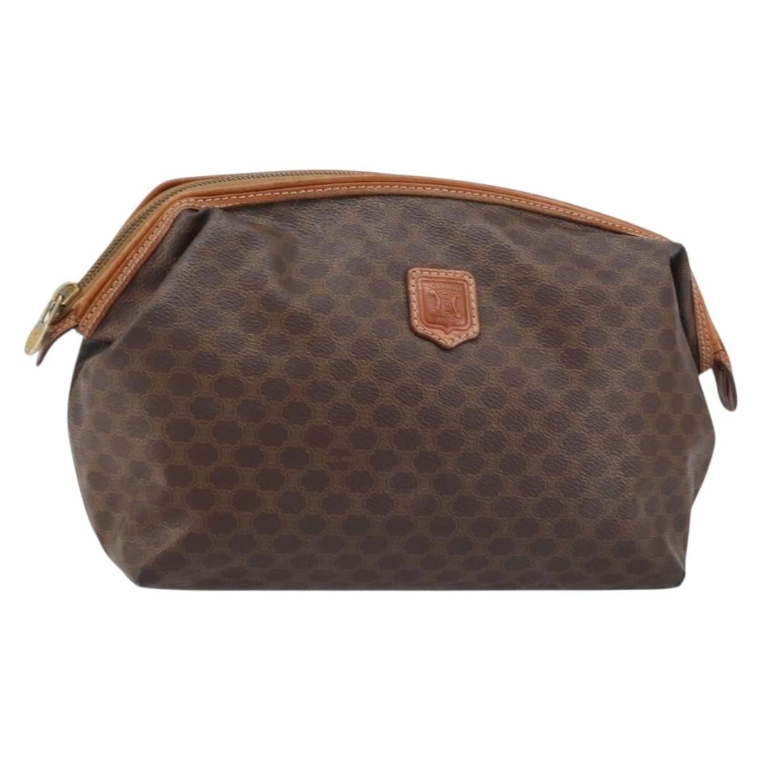 Celine Macadam Clutch in Brown PVC Leather and Canvas with Gold Accents: Celine Macadam Clutch in Brown PVC Leather and Canvas with Gold Accents This CELINE Macadam clutch bag features a brown and gold PVC leather exterior with the signature Macadam canvas design. Made in