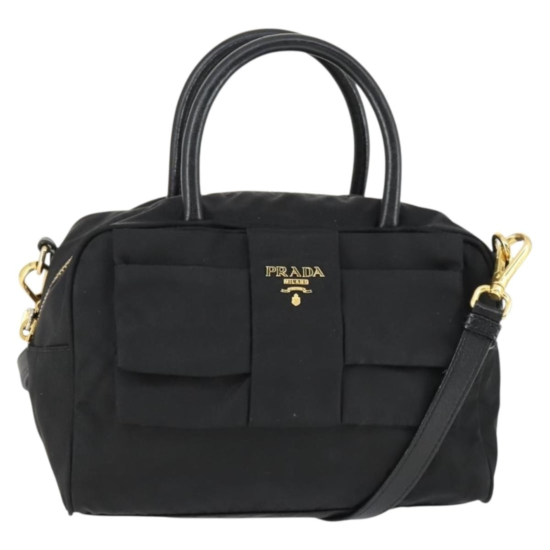 Prada Black Nylon 2way Handbag with Gold Accents and Shoulder Strap: Prada Black Nylon 2way Handbag with Gold Accents and Shoulder Strap This PRADA 2-way handbag is crafted from black nylon with gold-tone accents. Designed with versatility in mind, it features both a t