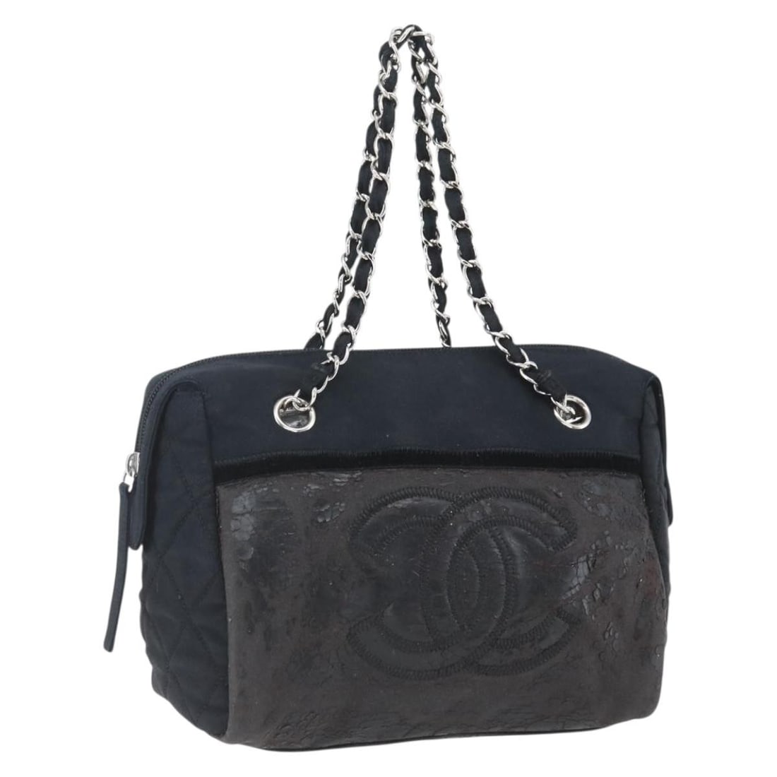 CHANEL Black Enamel Shoulder Bag with Silver Tone Chain and CC Logo: CHANEL Black Enamel Shoulder Bag with Silver Tone Chain and CC Logo This CHANEL chain shoulder bag features a black and silver enamel exterior with the iconic CC logo. The bag is crafted in Italy and