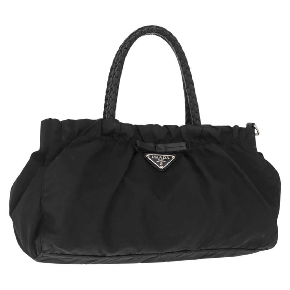 PRADA Black Silver Nylon Hand Bag Authentic 147899: PRADA Black Silver Nylon Hand Bag Authentic 147899 This authentic PRADA hand bag showcases a stylish design crafted from durable nylon in a sophisticated black and silver color scheme. Made in Italy,