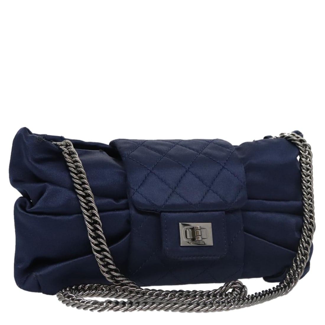 CHANEL Navy Satin Matelasse Shoulder Bag with Chain Strap Auth 1**15146: CHANEL Navy Satin Matelasse Shoulder Bag with Chain Strap Auth 1**15146 This authentic CHANEL Matelasse Chain Shoulder Bag is a stunning accessory crafted from luxurious satin in a rich navy hue. The