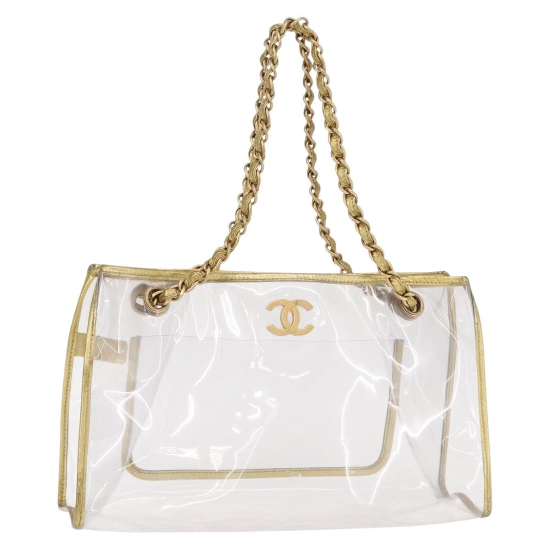 CHANEL Clear Vinyl Chain Tote Bag with Dust Bag Auth 157398V: CHANEL Clear Vinyl Chain Tote Bag with Dust Bag Auth 157398V This CHANEL Chain Tote Bag is a stylish and functional accessory, crafted from clear vinyl, making it perfect for showcasing your items. Wi