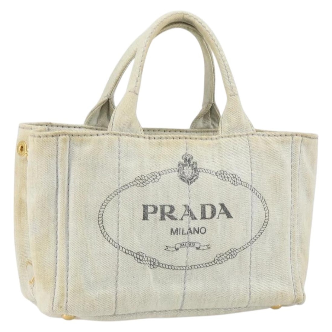 Prada Canapa PM Beige and Gold Canvas Handbag from Italy: Prada Canapa PM Beige and Gold Canvas Handbag from Italy This PRADA Canapa PM handbag is crafted from durable canvas in a beige and gold color combination. Made in Italy, it features dual top handles