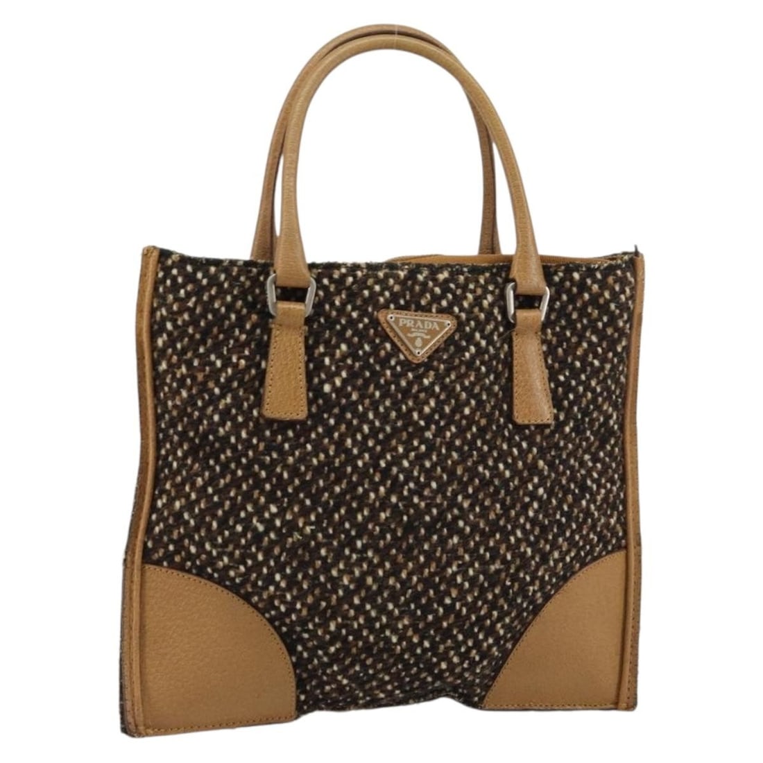 Brown Cotton PRADA BA9135 Handbag with Silver Accents: Brown Cotton PRADA BA9135 Handbag with Silver Accents This PRADA handbag is crafted from cotton in a brown and silver color combination. Made in Italy, it features a compact design with a top handle.