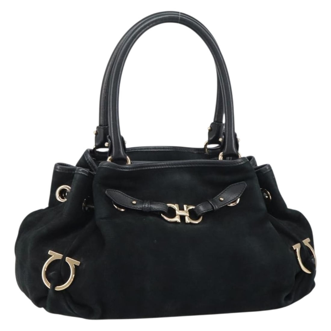 Black Suede Gancini Handbag by Salvatore Ferragamo Gold Tone Hardware: Black Suede Gancini Handbag by Salvatore Ferragamo Gold Tone Hardware This Salvatore Ferragamo Gancini handbag is crafted from black suede leather and features gold-tone accents. Designed in Italy, it