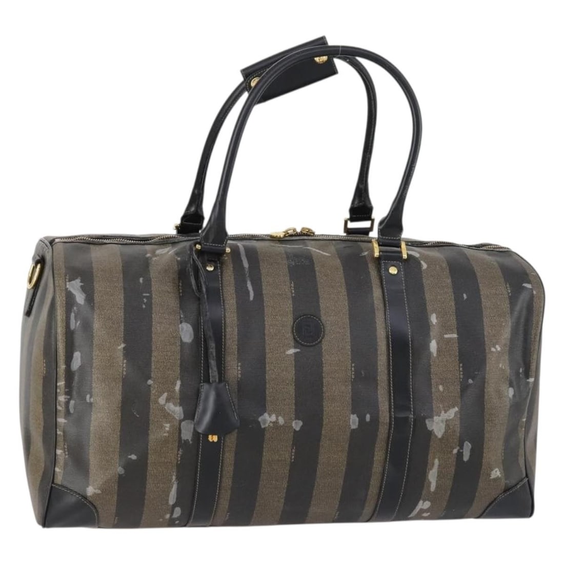 FENDI Pecan Canvas Boston Bag PVC Black Brown Gold Authentic: FENDI Pecan Canvas Boston Bag PVC Black Brown Gold Authentic This Fendi Boston Bag showcases a chic blend of black, brown, and gold hues, crafted from durable PVC leather and Pequin canvas. Measuring