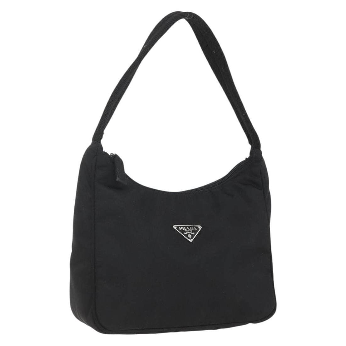 Black Nylon Prada Handbag with Dust Bag Made in Italy: Black Nylon Prada Handbag with Dust Bag Made in Italy This is a Prada hand bag crafted from black nylon, featuring a compact design suitable for daily essentials. The bag includes a matching dust bag