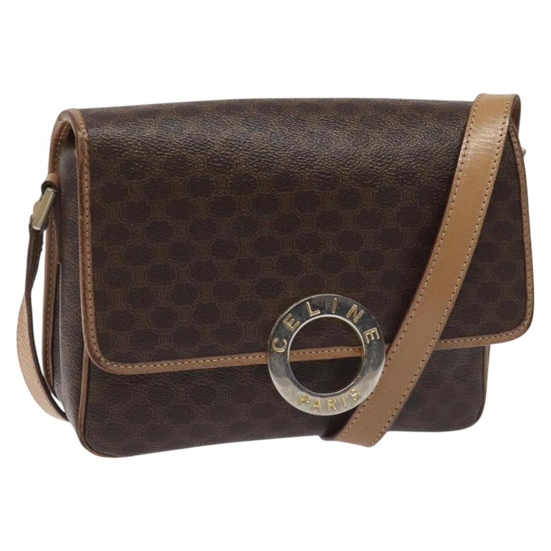 CELINE Macadam Canvas Brown Gold Shoulder Bag PVC Leather Made in Italy: CELINE Macadam Canvas Brown Gold Shoulder Bag PVC Leather Made in Italy Elevate your style with this CELINE Macadam Canvas Circle Shoulder Bag, crafted from durable PVC leather in a sophisticated brow
