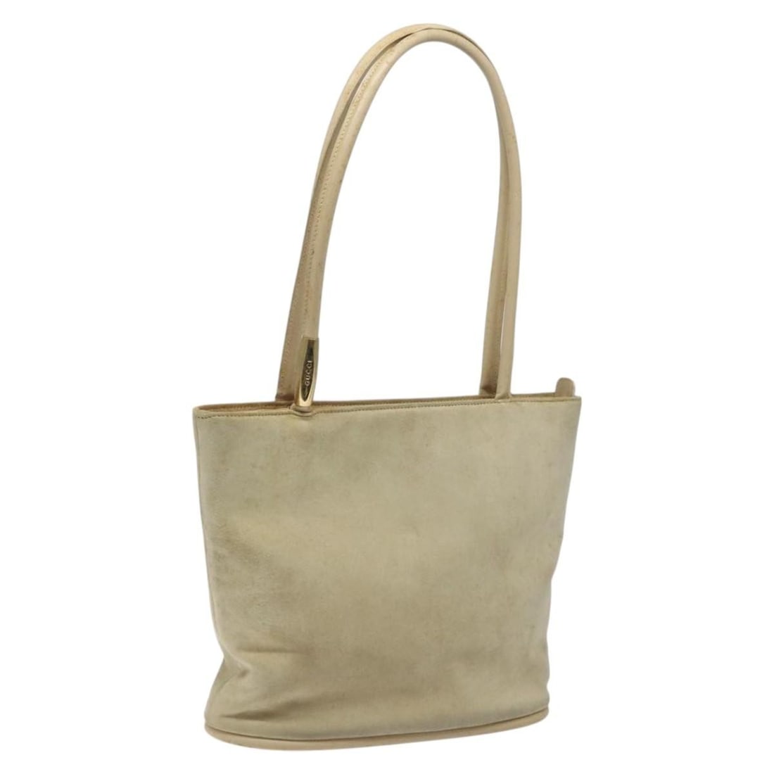 GUCCI Beige Suede Shoulder Bag with Gold Accents BA1297: GUCCI Beige Suede Shoulder Bag with Gold Accents BA1297 This elegant GUCCI shoulder bag is crafted from luxurious beige suede, complemented by gold accents. Measuring approximately 11.4 inches in leng