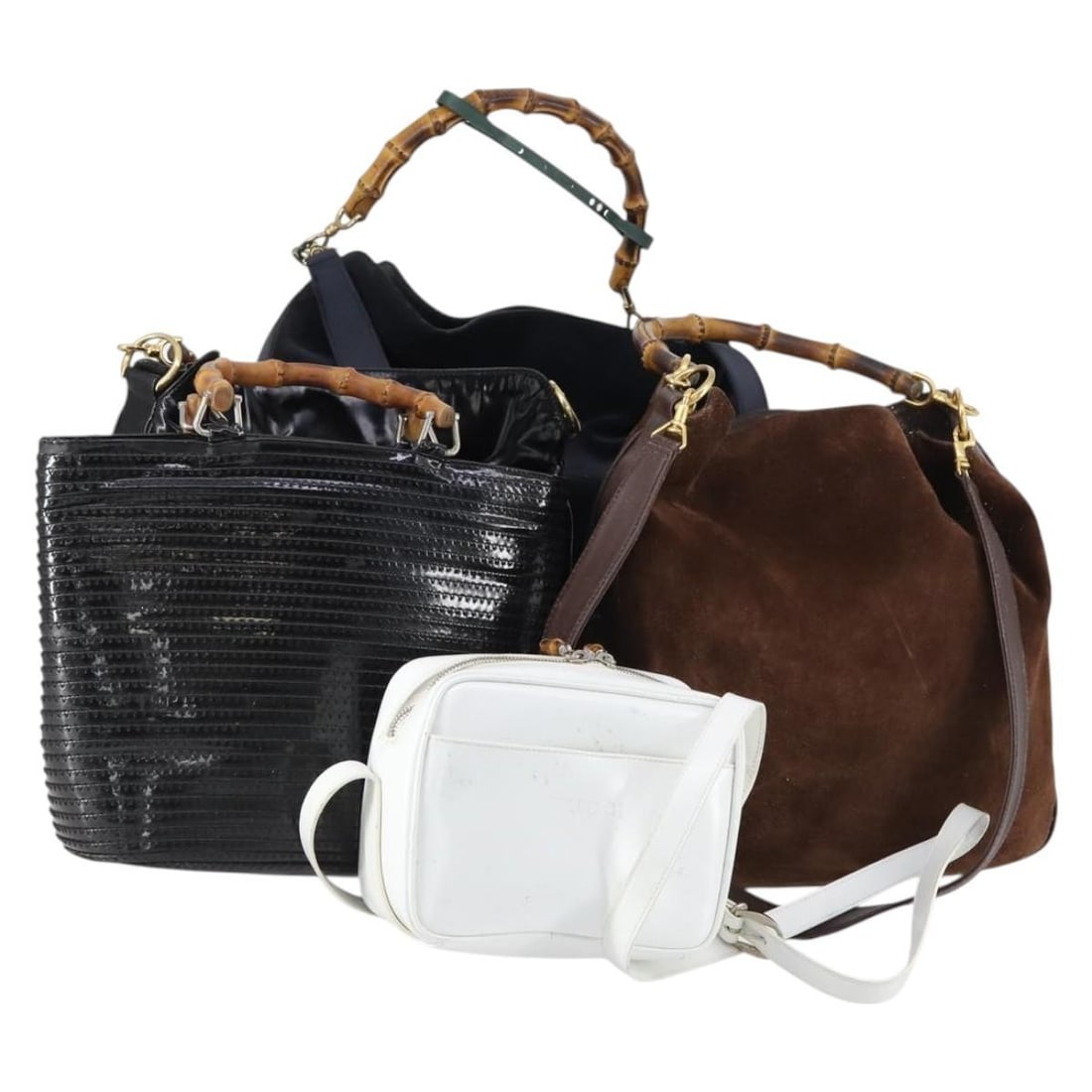 GUCCI PVC Suede Leather Shoulder Bag Set Black White Brown Authentic: GUCCI PVC Suede Leather Shoulder Bag Set Black White Brown Authentic This authentic GUCCI shoulder bag showcases a stylish blend of black, white, and brown PVC leather. Crafted in Italy, this bag feat