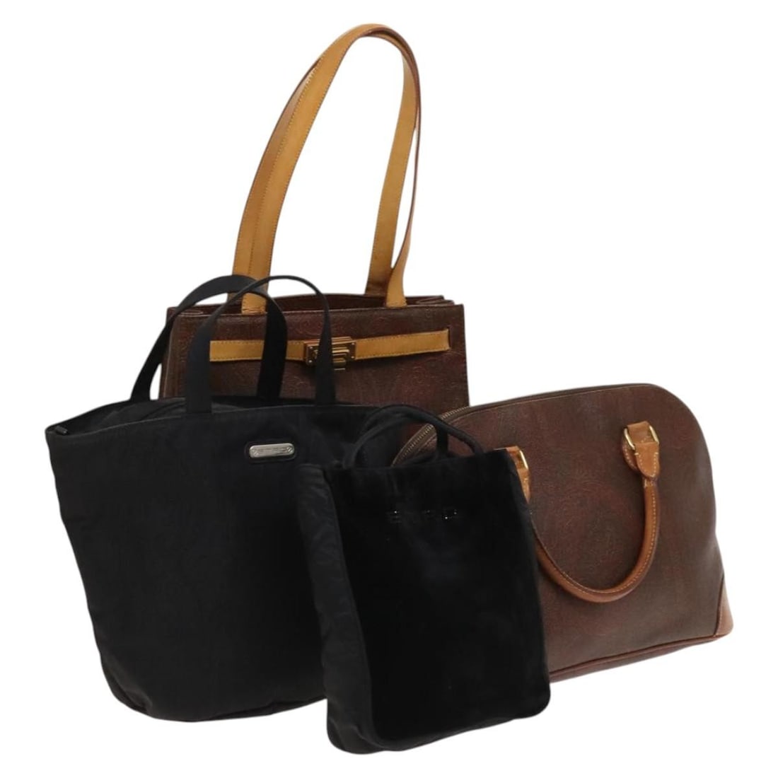 ETRO Hand Bag Set PVC Leather Brown Black Auth 4 Pieces: ETRO Hand Bag Set PVC Leather Brown Black Auth 4 Pieces This ETRO handbag is crafted from durable PVC leather and showcases a stylish brown and black color combination. Designed for practicality and e