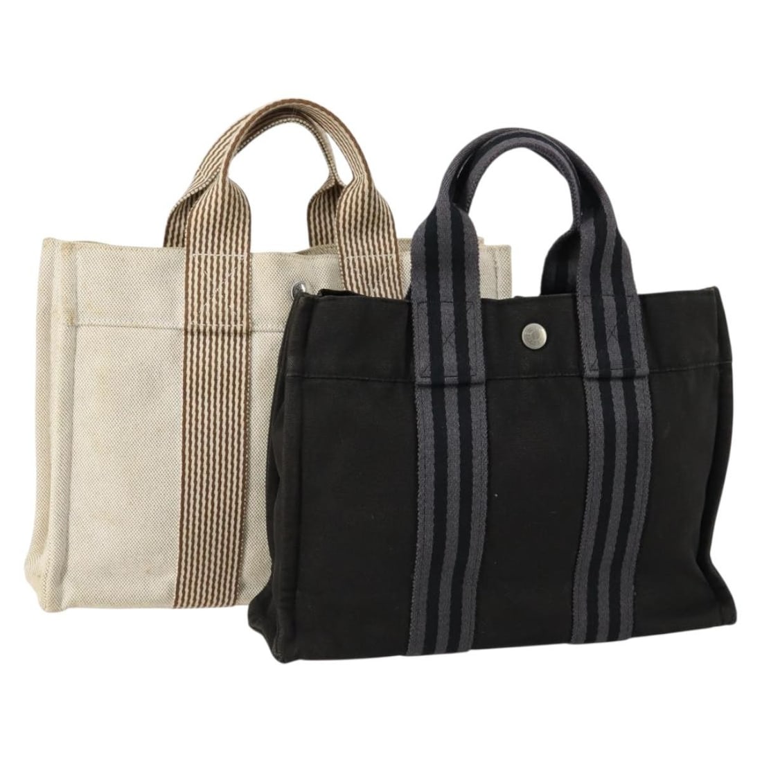 HERMES Canvas Tote Bag Set Black Light Beige Authentic (1 of 17)