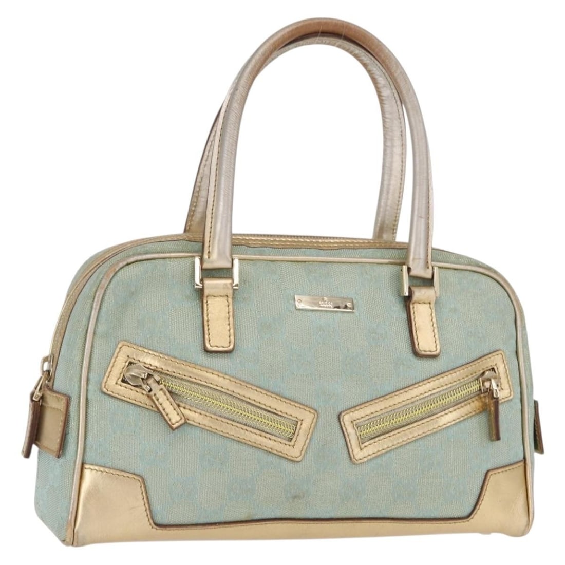 Gucci Peppermint Gold GG Canvas 000 0852 Top Handle Bag: Gucci Peppermint Gold GG Canvas 000 0852 Top Handle Bag This GUCCI GG Canvas handbag features a peppermint and gold color scheme with the brand's signature monogram canvas exterior. The bag has a top
