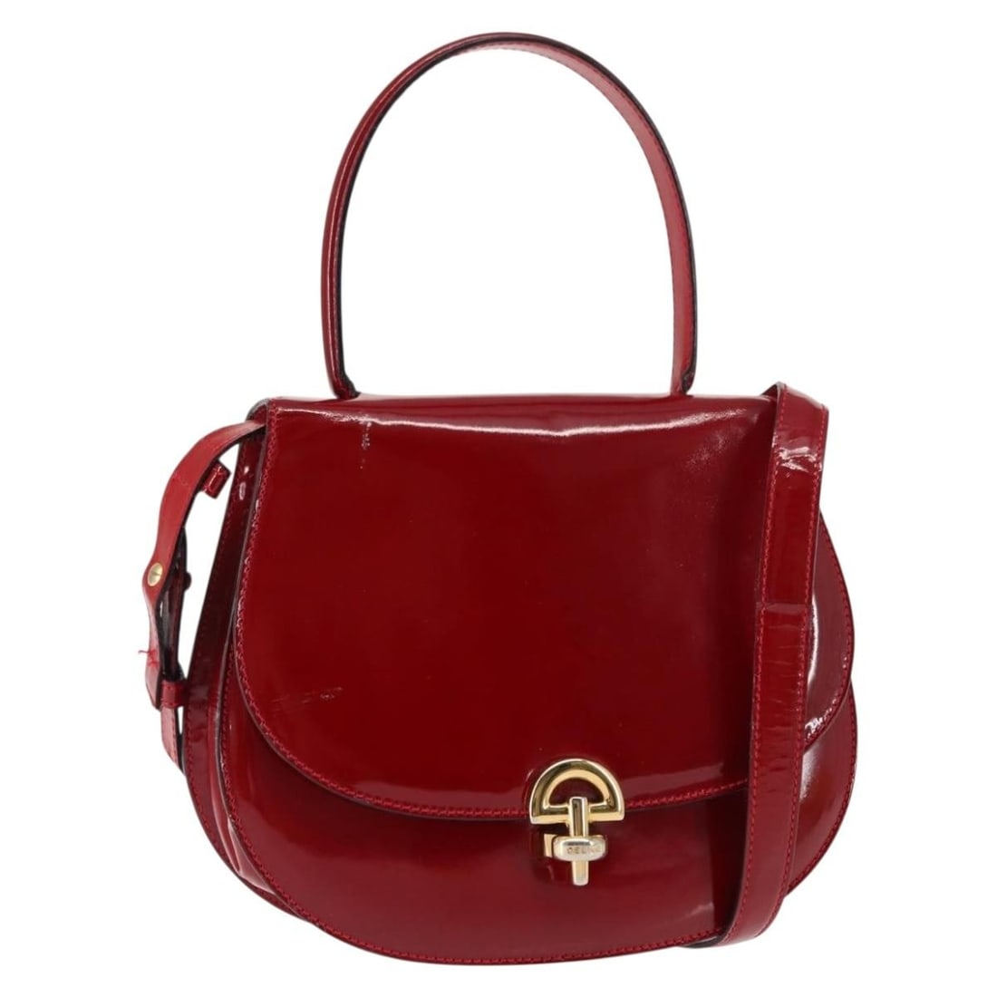 CELINE Red Gold Enamel Hand Bag BA6729 Made in Italy: CELINE Red Gold Enamel Hand Bag BA6729 Made in Italy This authentic CELINE 2-way handbag, crafted in Italy, showcases a striking red and gold enamel exterior. With a compact design, this handbag featu