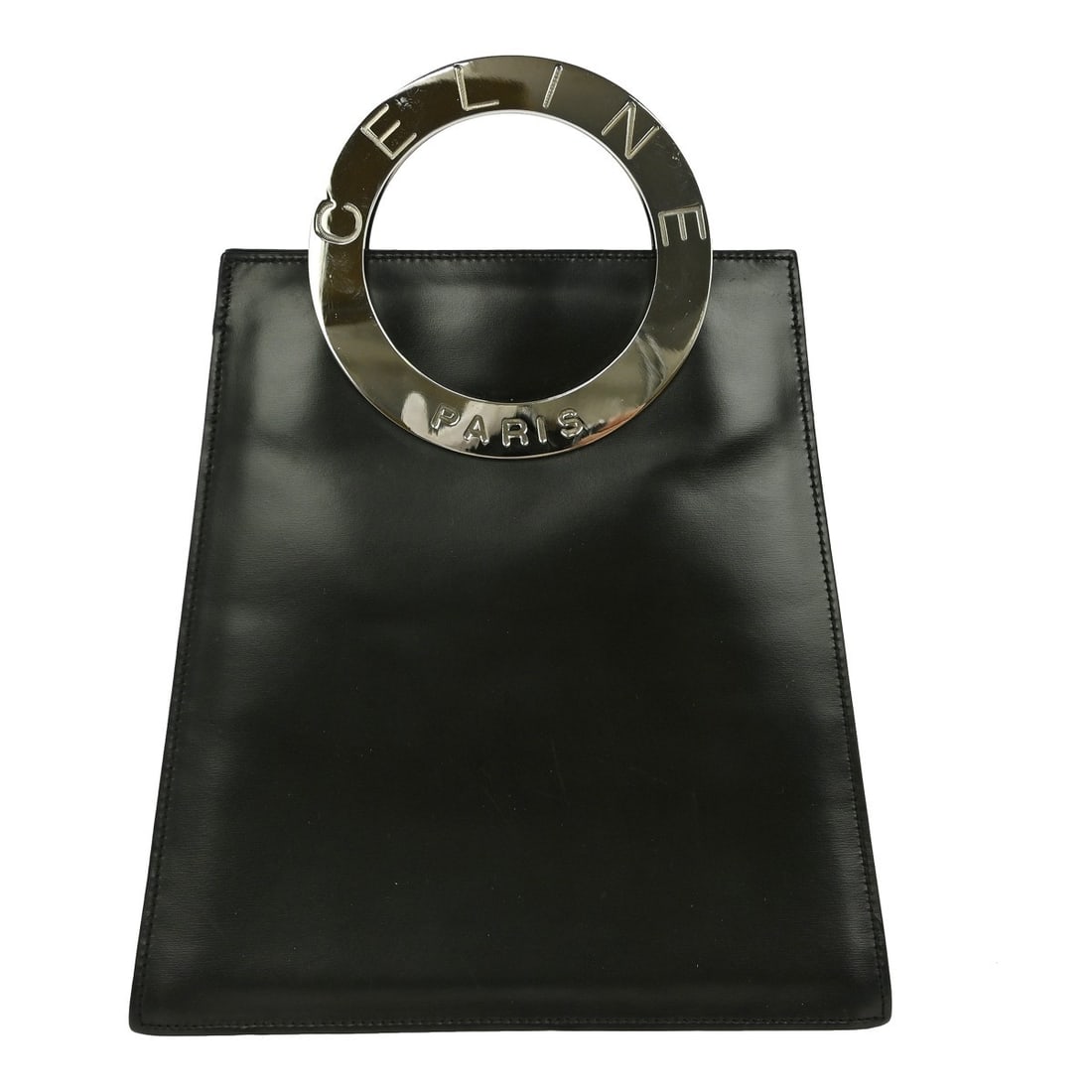 Celine Medium Black Leather Handbag with Double Handles and Logo Accent: Celine Medium Black Leather Handbag with Double Handles and Logo Accent This Celine black handbag features a medium size with a structured silhouette. Made from leather with a leather lining, it inclu