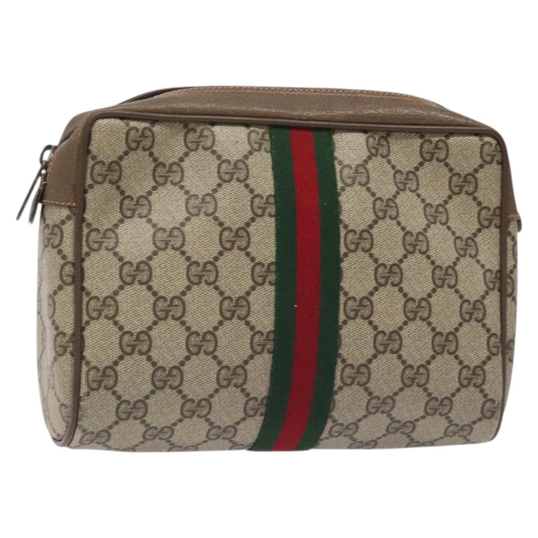 GUCCI GG Supreme Web Sherry Clutch Bag Beige PVC Italy Auth BA2580: GUCCI GG Supreme Web Sherry Clutch Bag Beige PVC Italy Auth BA2580 Introducing the GUCCI GG Supreme Web Sherry Line Clutch Bag, crafted from durable PVC leather in an elegant beige hue. This stylish c