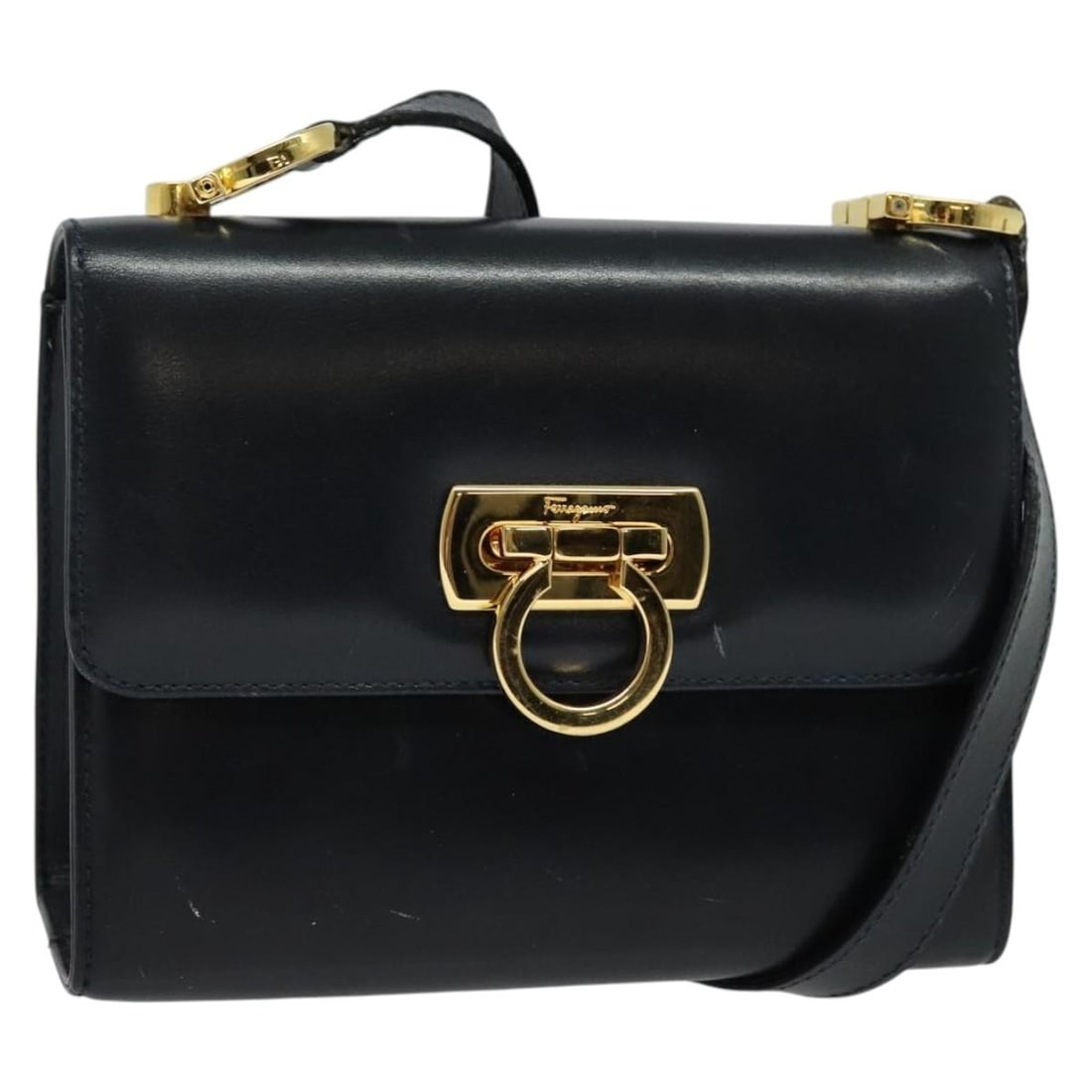 Salvatore Ferragamo Gancini Black Gold Leather Shoulder Bag Italy (1 of 18)