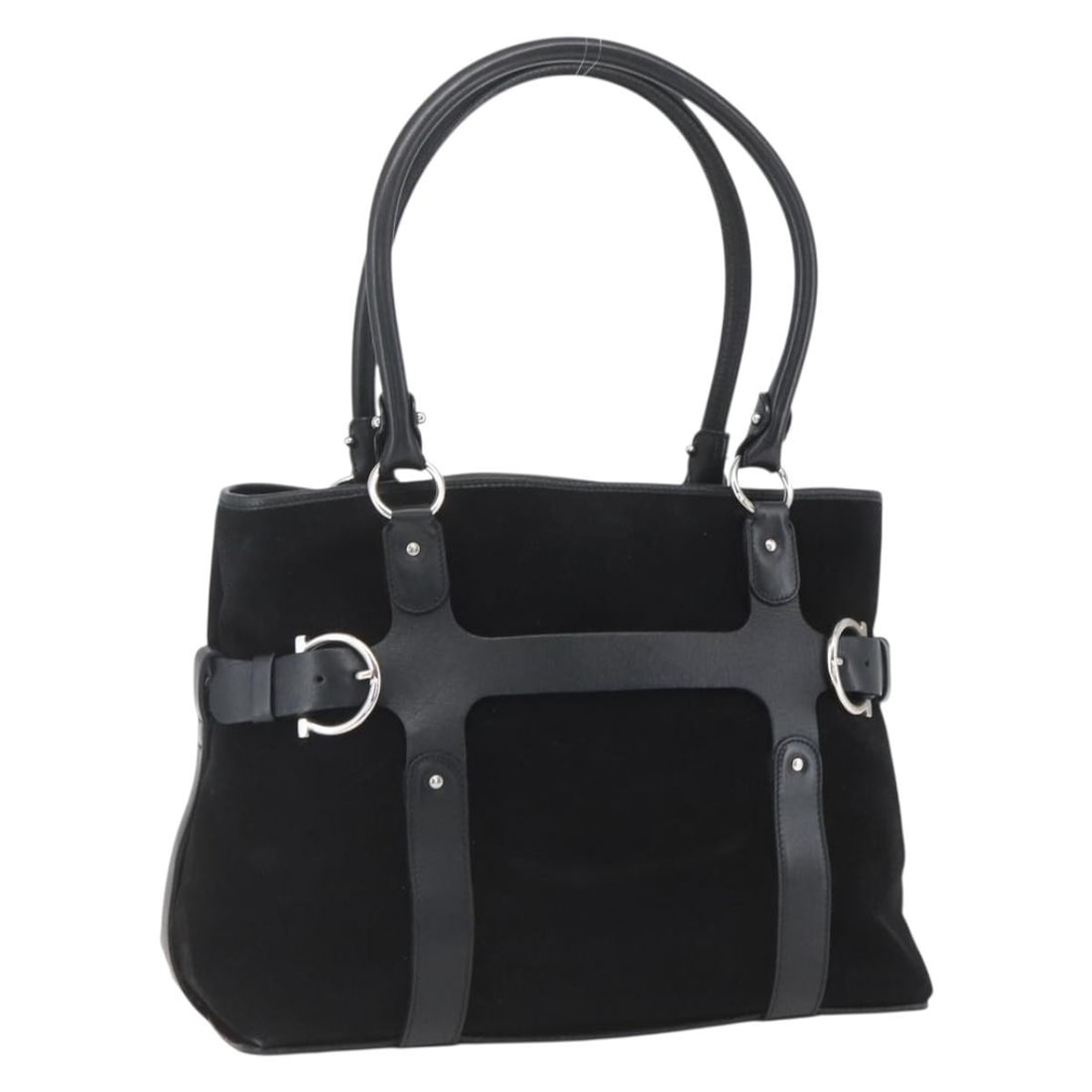 Black Suede Salvatore Ferragamo Handbag with Silver Accents Made in Italy: Black Suede Salvatore Ferragamo Handbag with Silver Accents Made in Italy This Salvatore Ferragamo handbag features a classic design crafted from black suede with silver-tone accents. Made in Italy, t