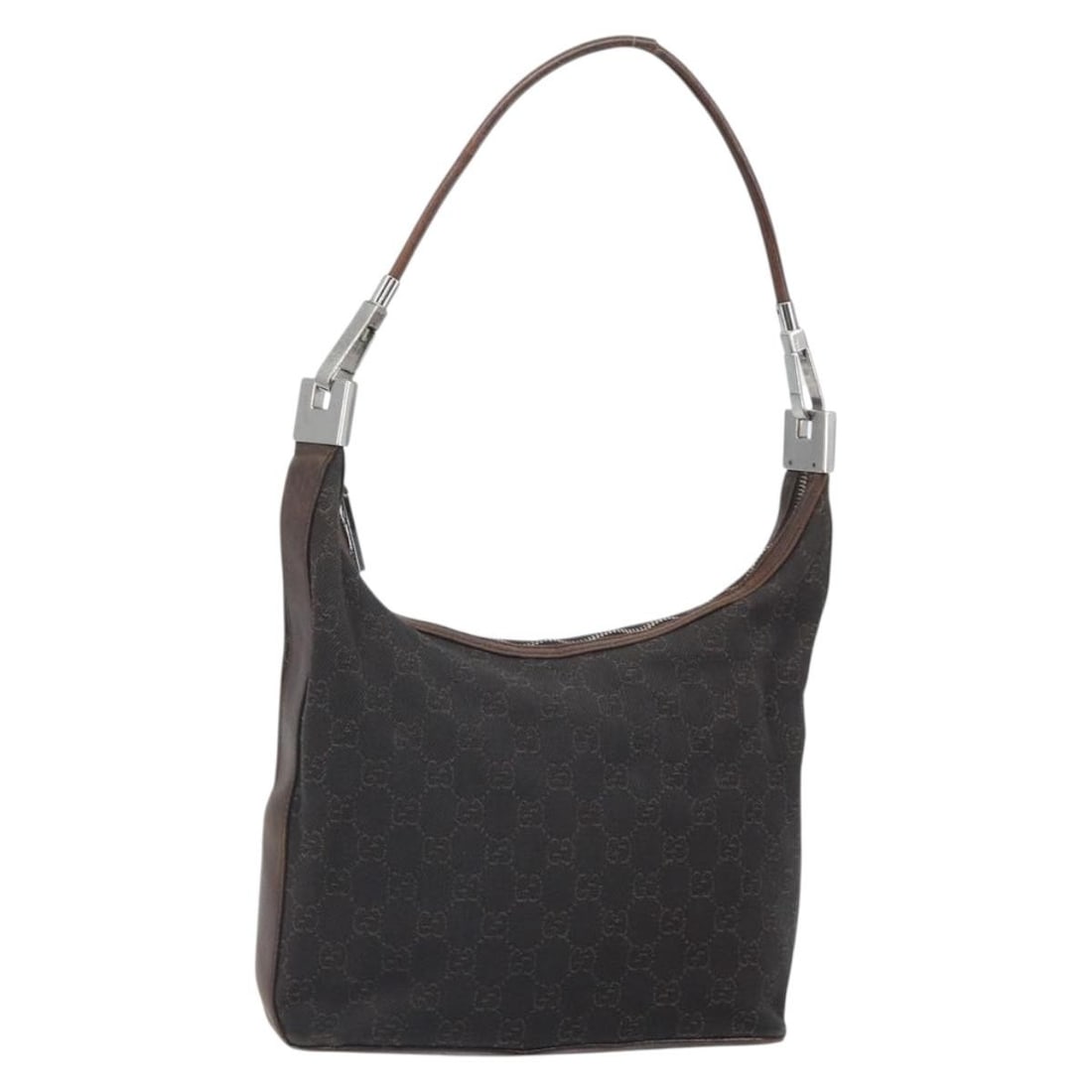 Brown GG Canvas Gucci Shoulder Bag with Silver Accents and 01234 Line: Brown GG Canvas Gucci Shoulder Bag with Silver Accents and 01234 Line This GUCCI GG Canvas shoulder bag features a brown and silver color combination and is crafted from signature GG canvas. The bag i