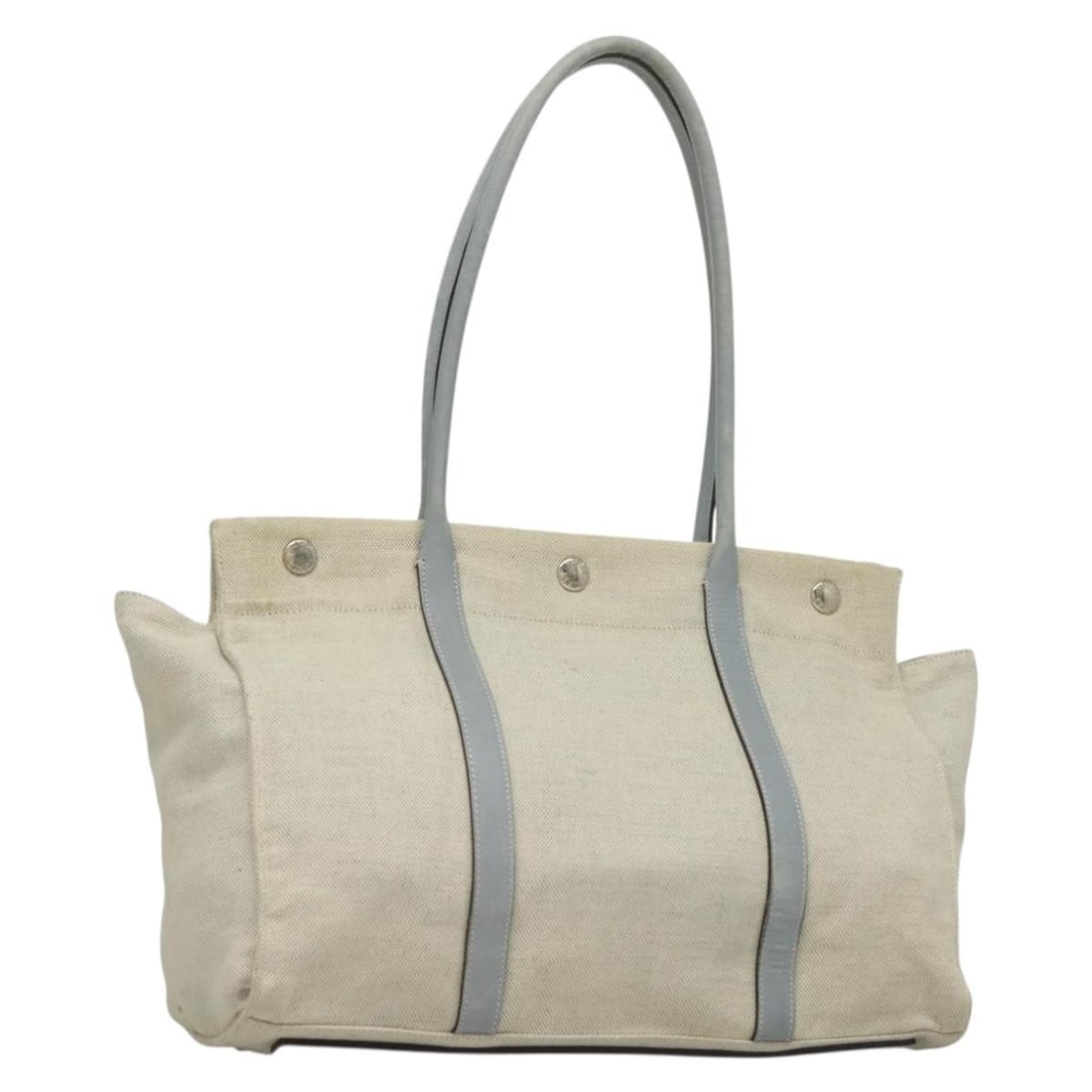 PRADA Beige Silver Canvas Tote Bag Made in Italy Auth 133386: PRADA Beige Silver Canvas Tote Bag Made in Italy Auth 133386 This authentic PRADA Tote Bag combines style and functionality, crafted from high-quality canvas in a sophisticated beige and silver color