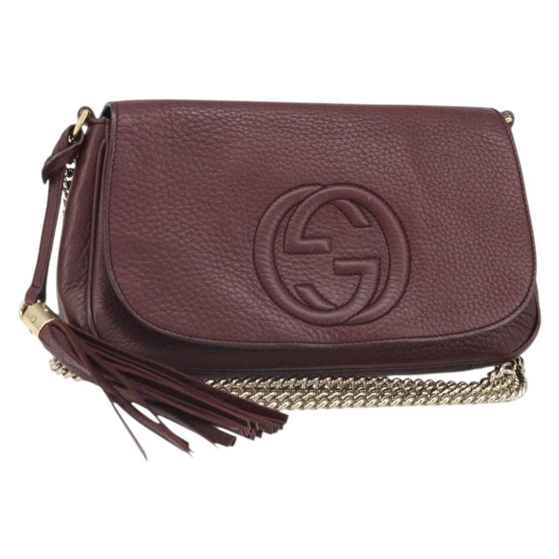 Wine Red Leather Soho Shoulder Bag by Gucci Model 336752: Wine Red Leather Soho Shoulder Bag by Gucci Model 336752 This is a GUCCI Soho Chain shoulder bag crafted from wine red leather with gold-tone accents. The bag features a chain shoulder strap and has b
